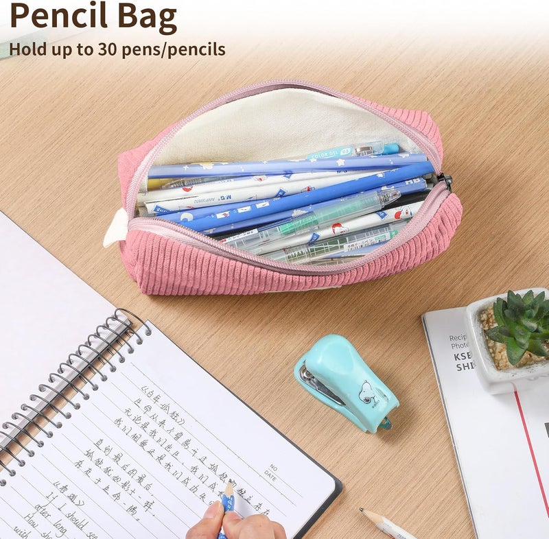 Purbert Pencil Bag Pen Case, Soft Corduroy Small Pencil Pouch Organizer with Zipper, Cute Pencil Case Pouch Stationery for Girls and Boys – Pink - Image 5